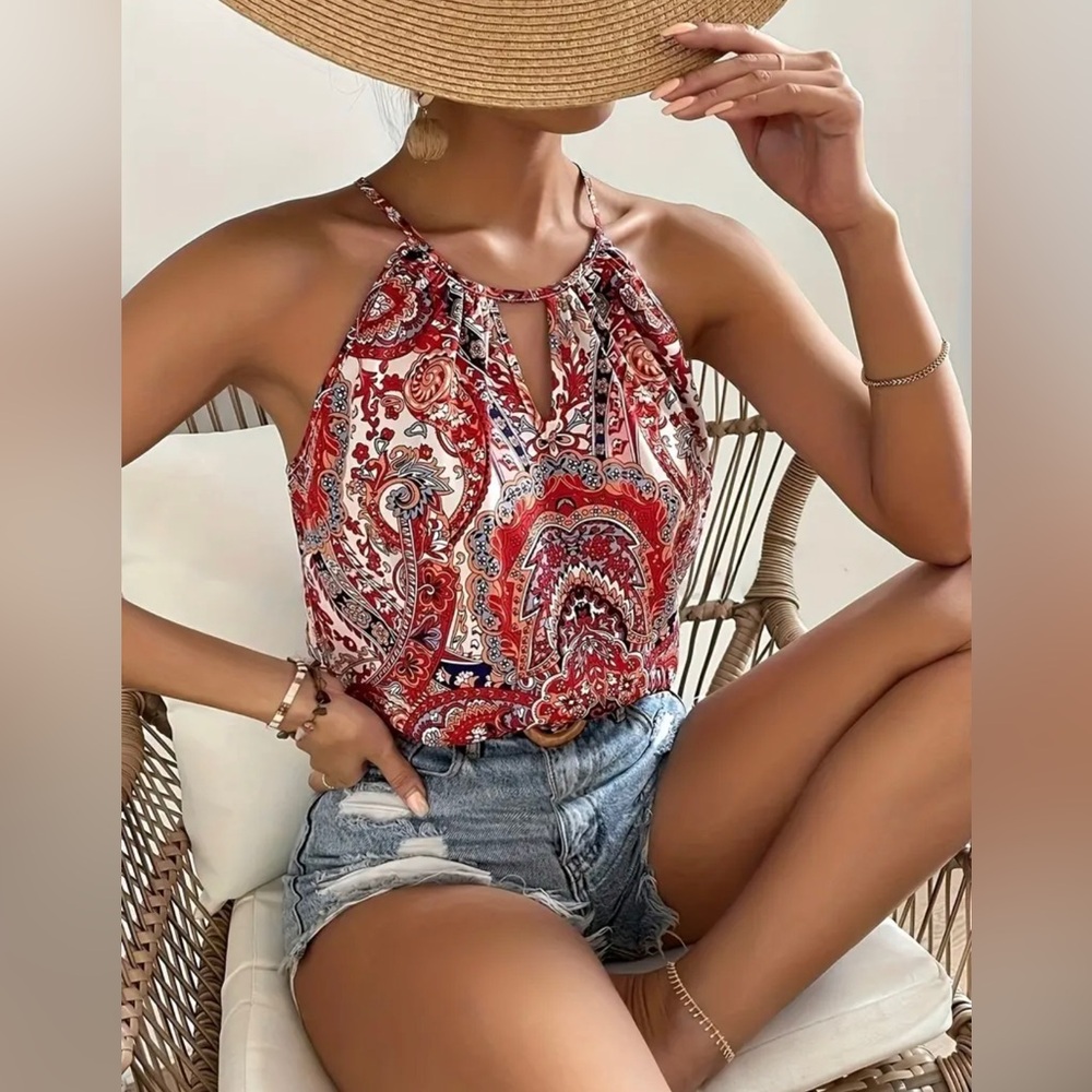 Boho Graphic Print Halter Neck Tank Top, YOUNG Ruched Bust Sleeveless Tank Top - Picture 1 of 3